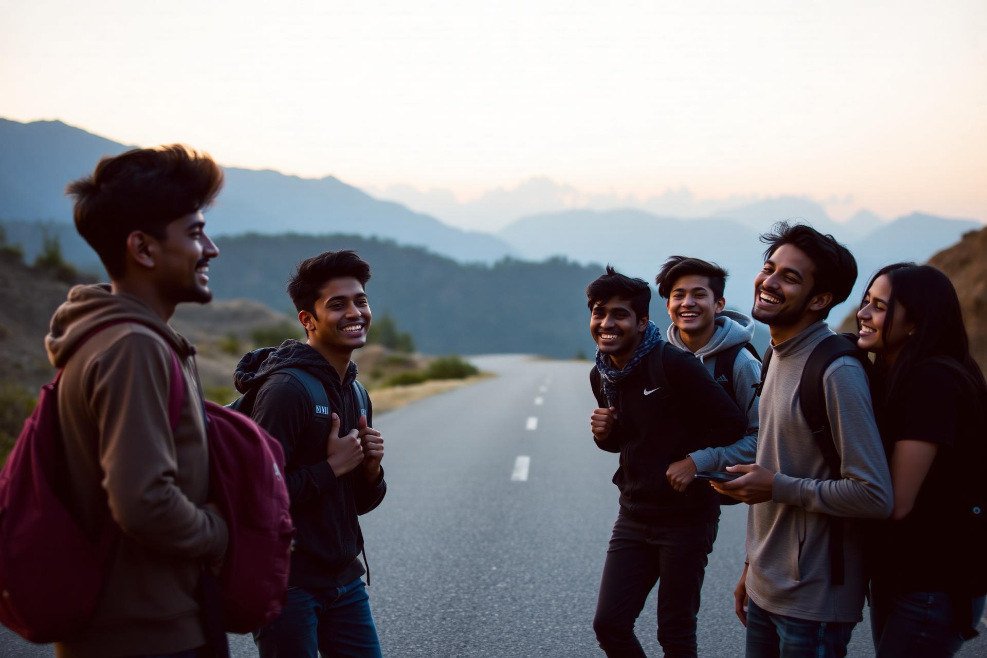 College students on a mountain road