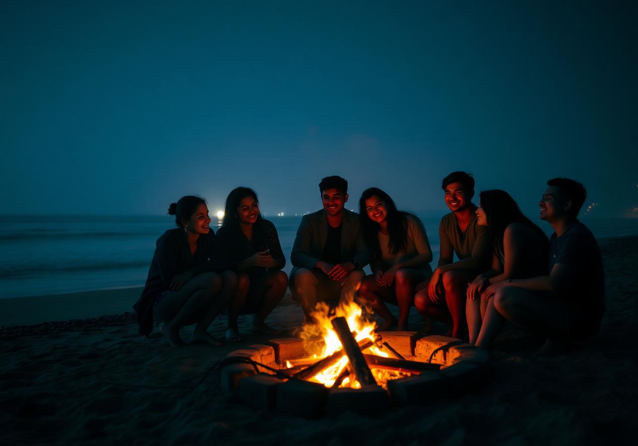 Students at a beach bonfire